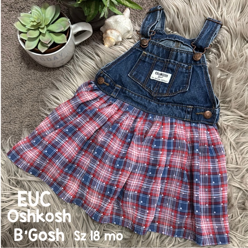 Oshkosh B’Gosh Bib Overalls Dress-Sz 18mo-Denim Top/Bottom Skirt-Red/White/Blue